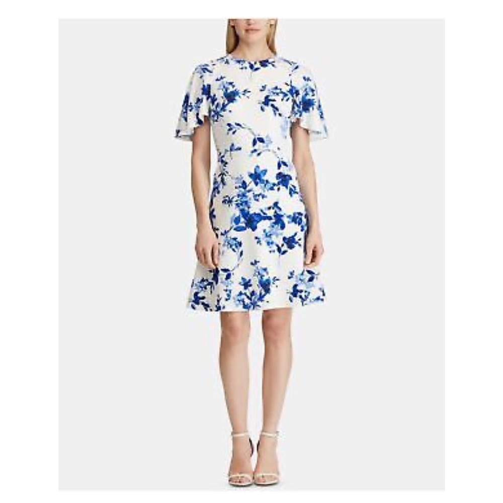 EUC Lauren Ralph Lauren Blue Floral Print Flutter Short Sleeves Mini Dress